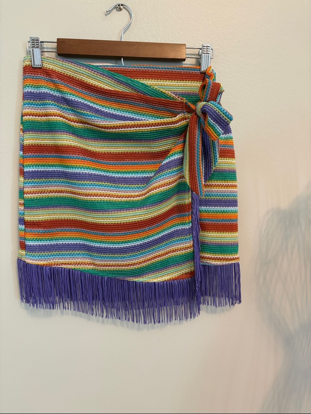 VICI Multicolor Embroidered Faux Wrap Skirt with Purple Fringe